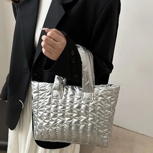 Stylish Silver Quilted Lightweight Tote Bag